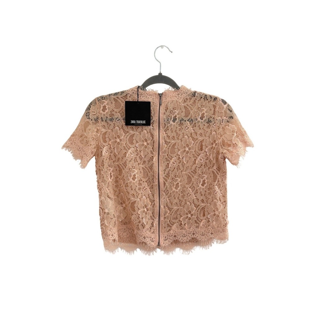 NWT Zara Peach Floral Lace Short Sleeve Mock Neck Crop Top S New - Picture 3 of 9